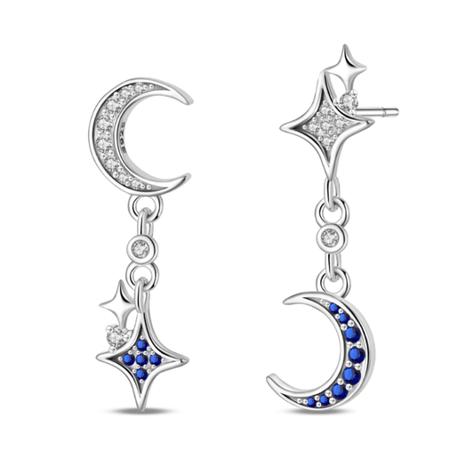 Boucles d'Oreilles Pendantes Argent Lune et Étoile