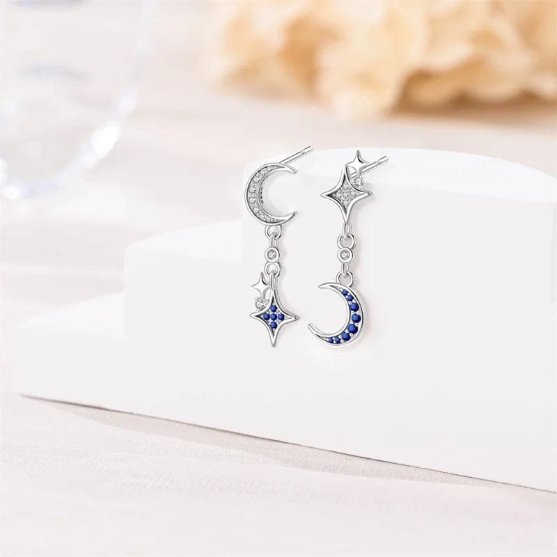 Boucles d'Oreilles Pendantes Argent Lune et Étoile
