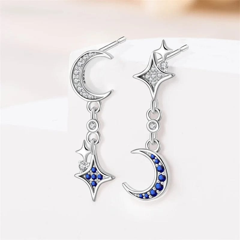 Boucles d'Oreilles Pendantes Argent Lune et Étoile
