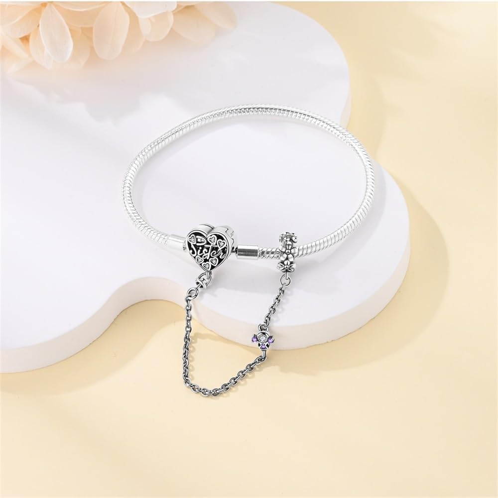 Bracelet à Charms Cœur Sister avec Chaîne de Sécurité