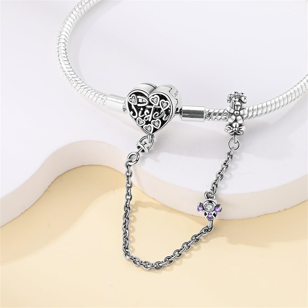 Bracelet à Charms Cœur Sister avec Chaîne de Sécurité