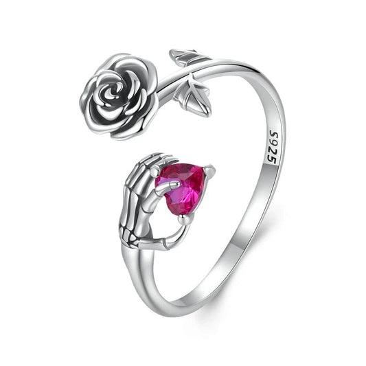 Bague Réglable Main de Squelette et Rose