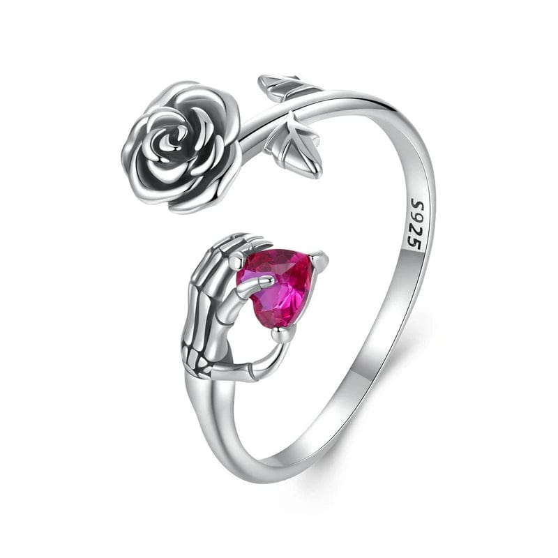 Bague Réglable Main de Squelette et Rose