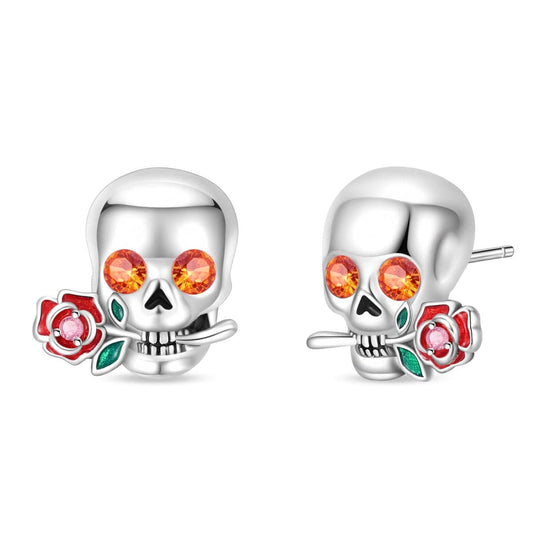 Puces d'Oreilles Crâne et Rose en Cristal aux Accents d'Émail