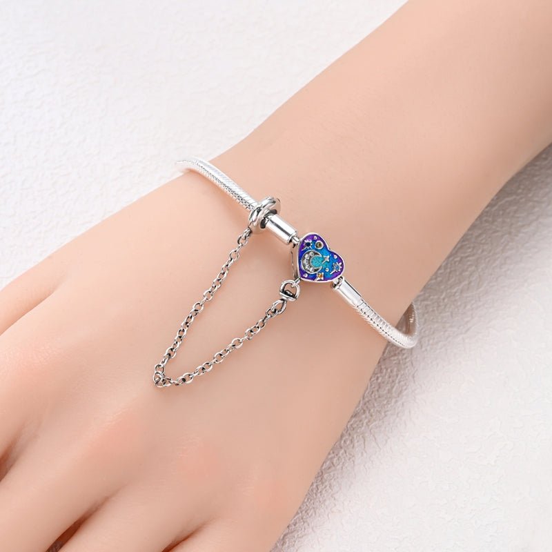 Bracelet à Charms Cœur Nuit Étoilée avec Chaîne de Sécurité