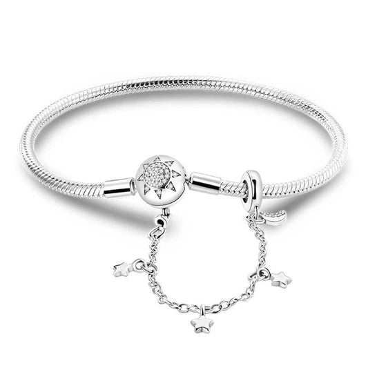 Bracelet Chaîne Serpent Fermoir Soleil avec Charm Étoile et Chaîne de Sécurité