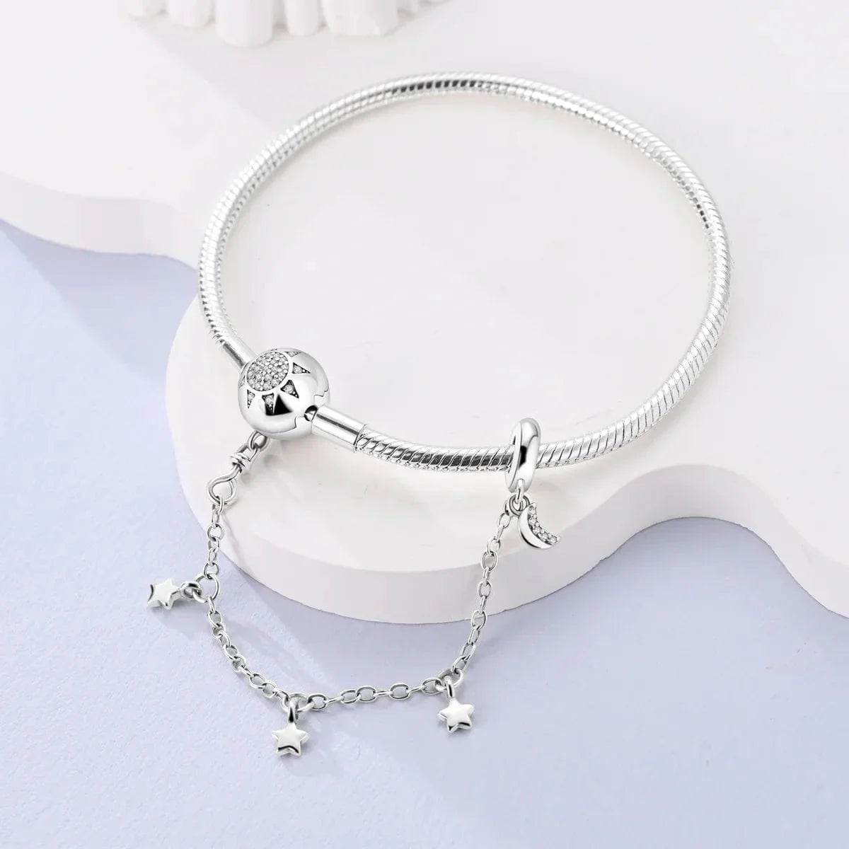 Bracelet Chaîne Serpent Fermoir Soleil avec Charm Étoile et Chaîne de Sécurité