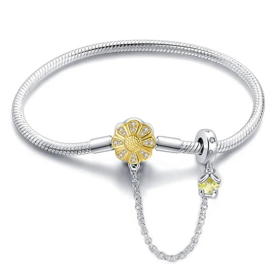 Bracelet à Charms Tournesol avec Chaîne de Sécurité et Pendentif