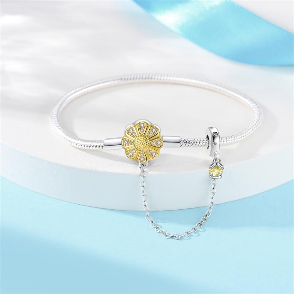 Bracelet à Charms Tournesol avec Chaîne de Sécurité et Pendentif