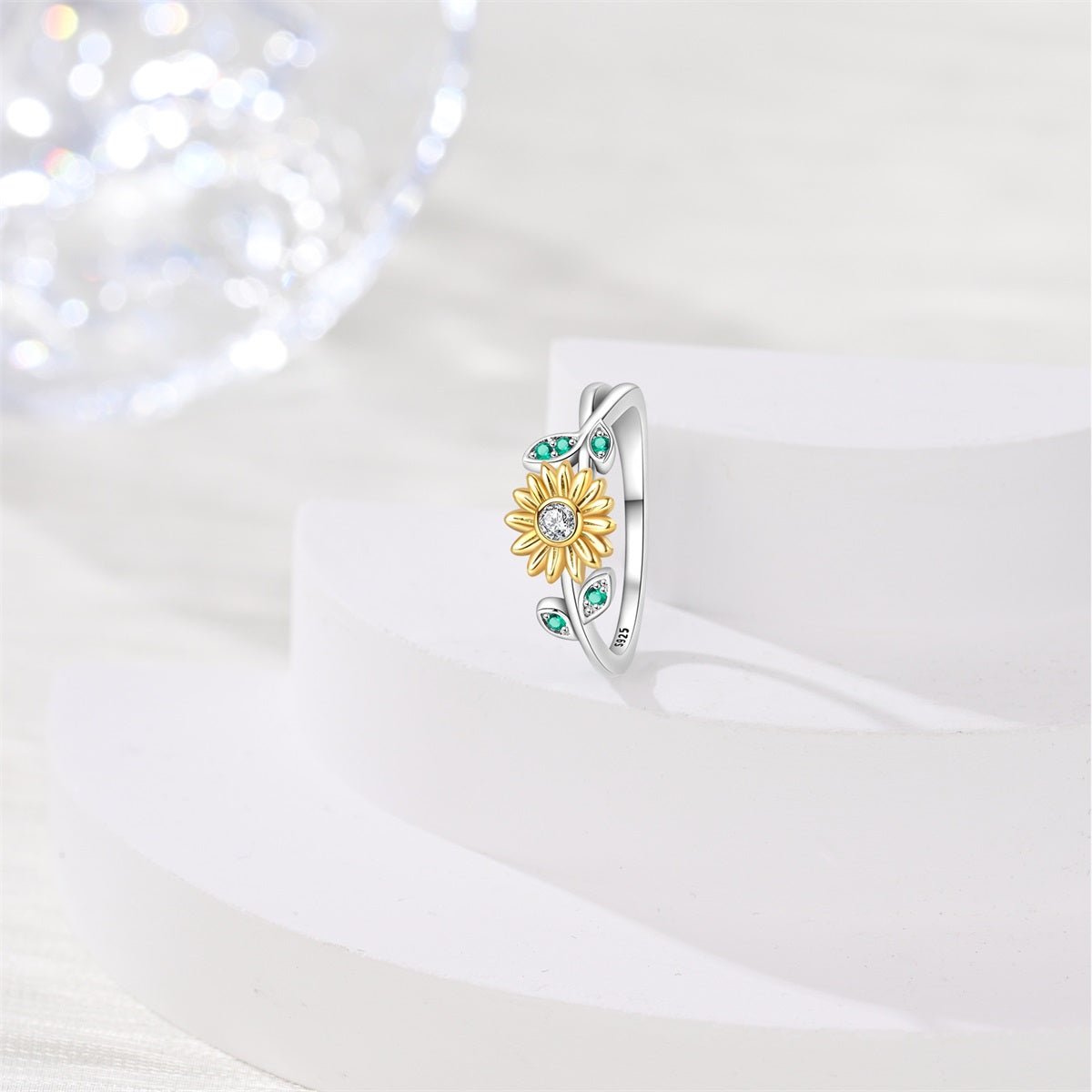 Bague Tournesol et Feuille Verte