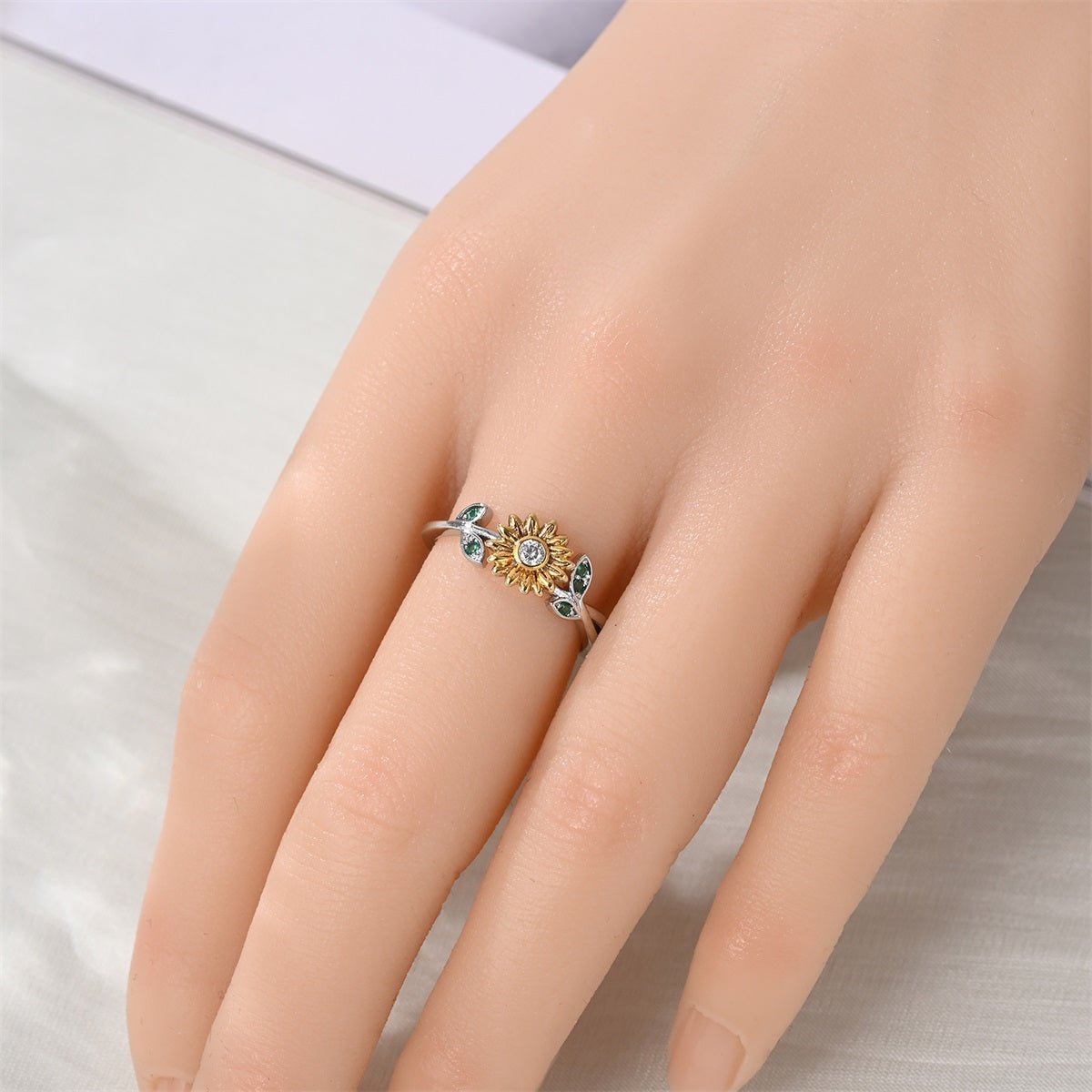 Bague Tournesol et Feuille Verte