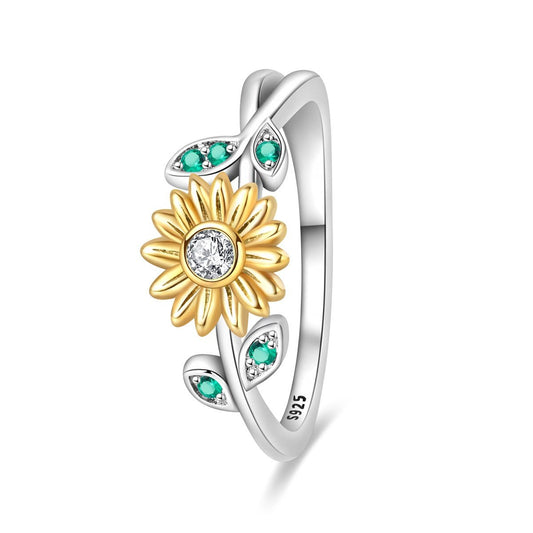 Bague Tournesol et Feuille Verte