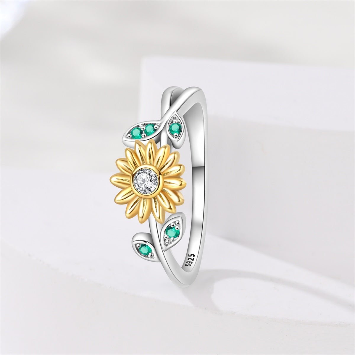 Bague Tournesol et Feuille Verte