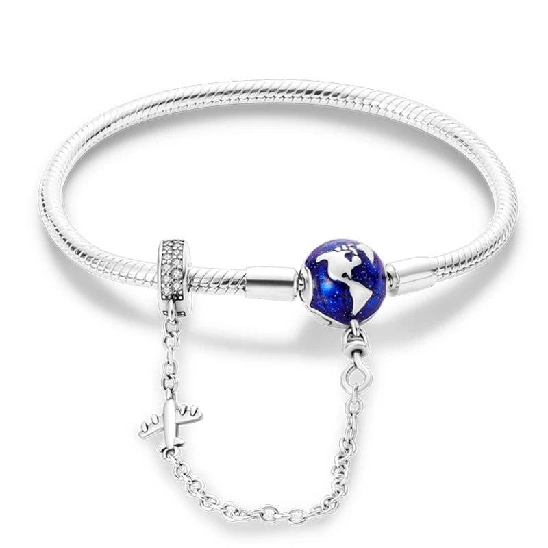 Bracelet à Charms Globe Terrestre avec Avion et Chaîne de Sécurité
