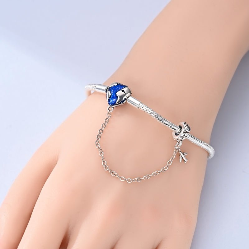 Bracelet Carte du Monde et Avion avec Chaîne de Sécurité