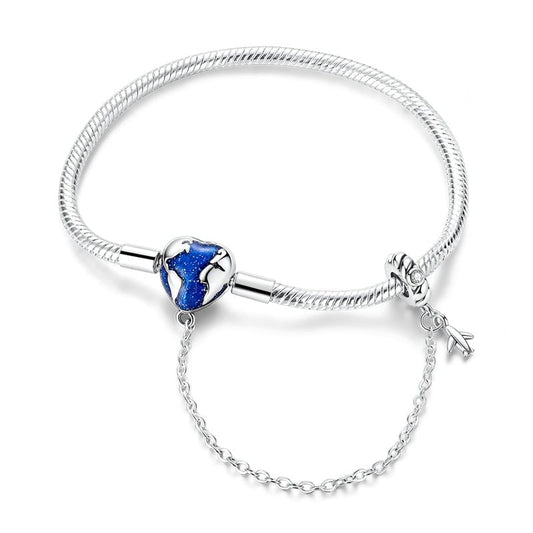 Bracelet Carte du Monde et Avion avec Chaîne de Sécurité