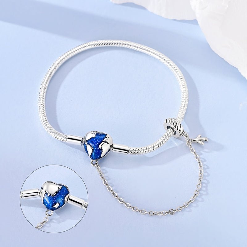 Bracelet Carte du Monde et Avion avec Chaîne de Sécurité